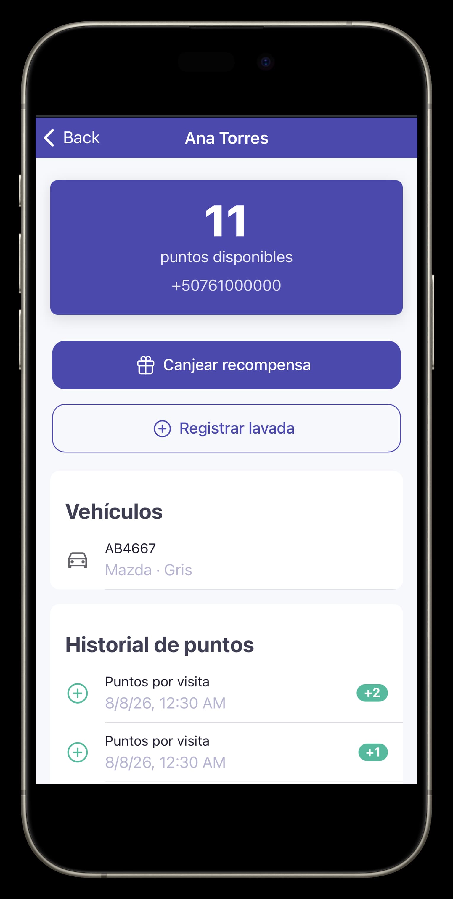 Perfil de cliente en Taumox mostrando puntos disponibles