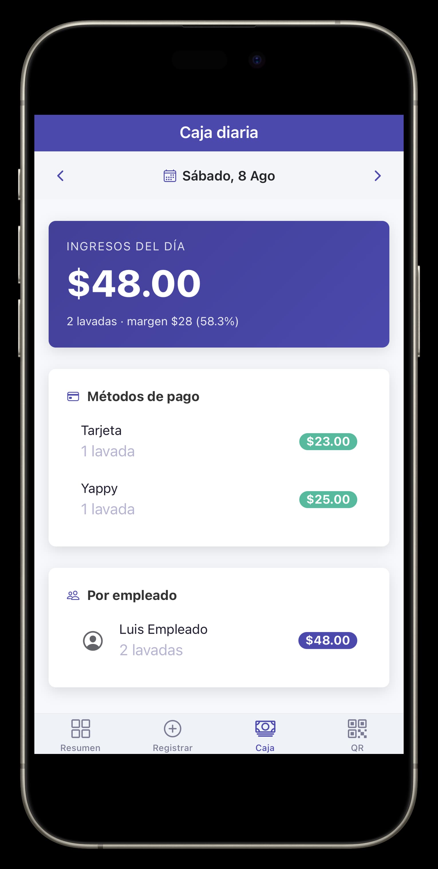 Caja diaria de Taumox con ingresos del día y métodos de pago
