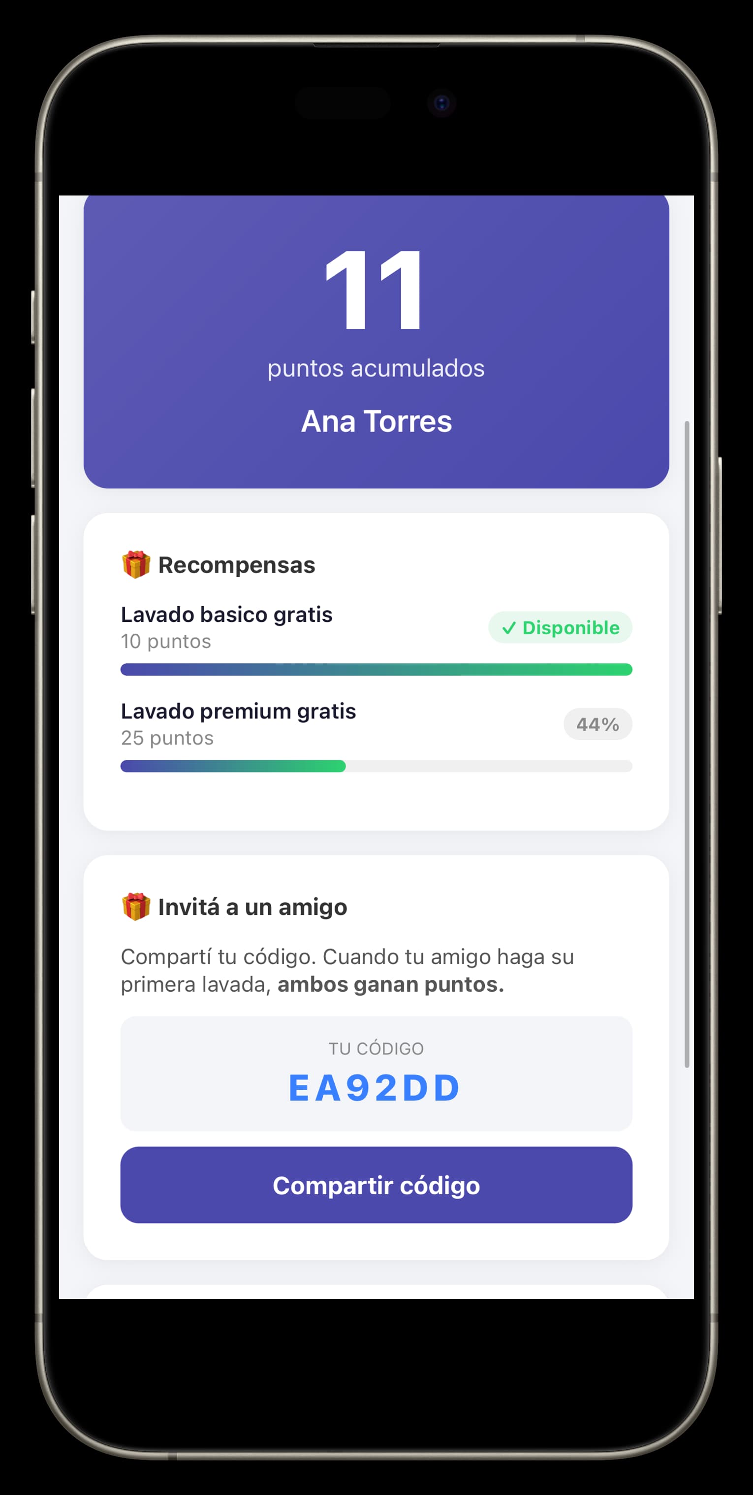 Pantalla de recompensas y referidos de Taumox